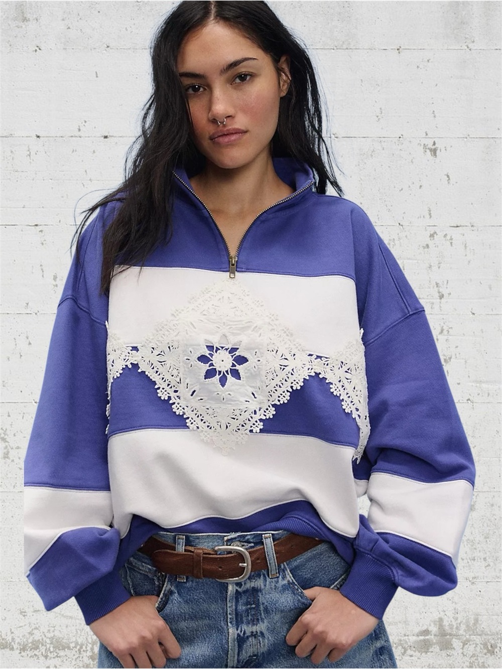FREE PEOPLE Oversized A Lot Of Fun Half-Zip Sweatshirt NWT Striped Blue White